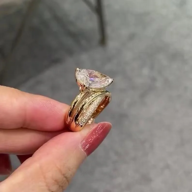 Yellow Gold Pear Cut White Sapphire Sterling Silver Twisted Engagement Ring