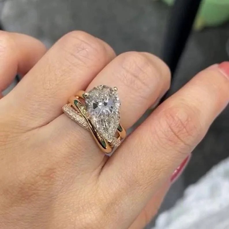 Yellow Gold Pear Cut White Sapphire Sterling Silver Twisted Engagement Ring