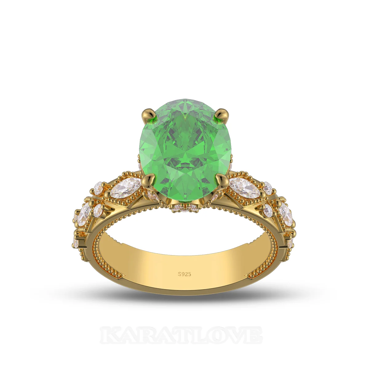 Bague de fiançailles en argent 925 et or jaune vert émeraude à taille ovale