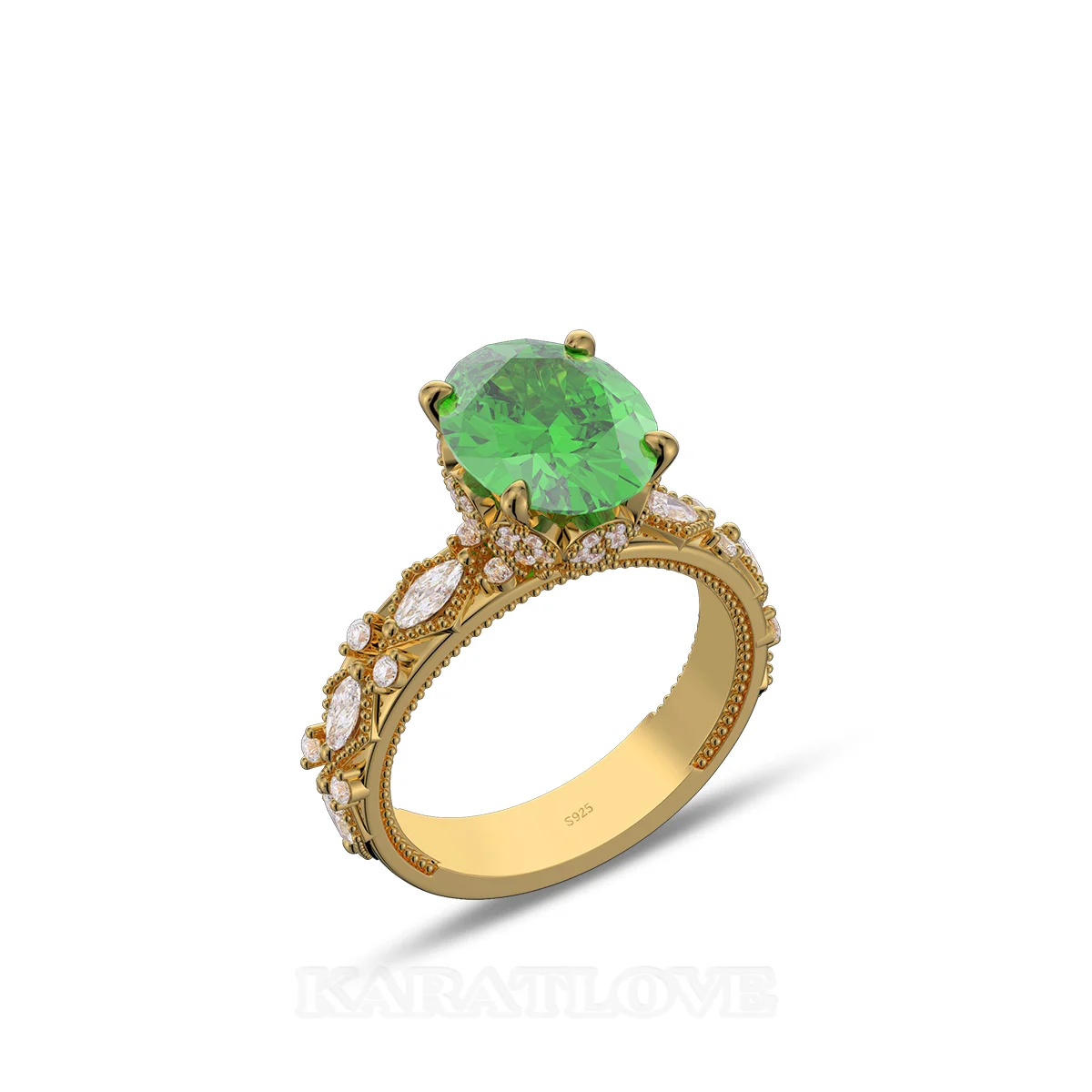 Bague de fiançailles en argent 925 et or jaune vert émeraude à taille ovale