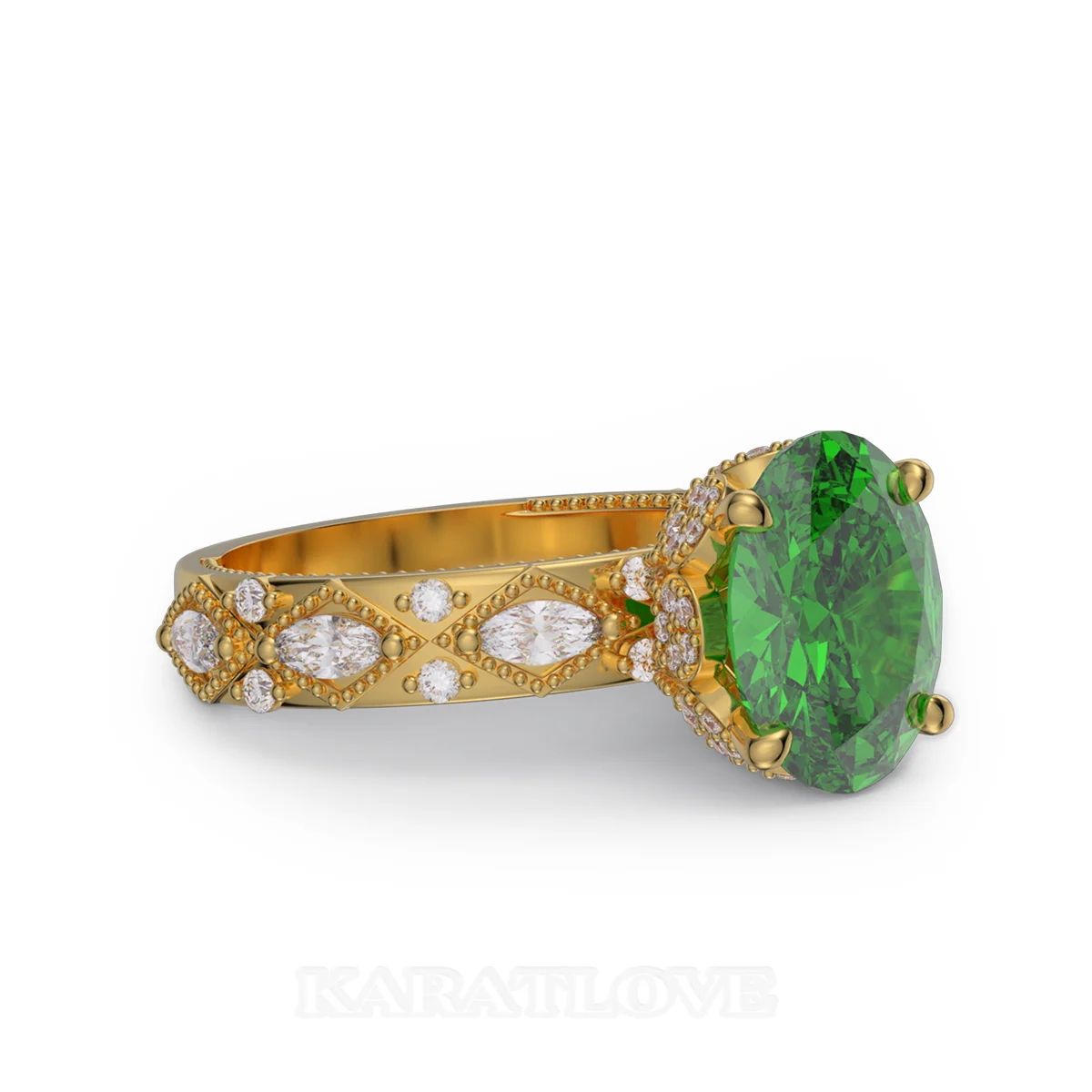 Bague de fiançailles en argent 925 et or jaune vert émeraude à taille ovale