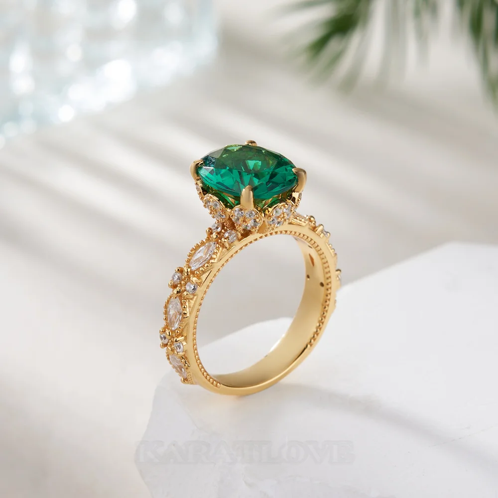 Bague de fiançailles en argent 925 et or jaune vert émeraude à taille ovale
