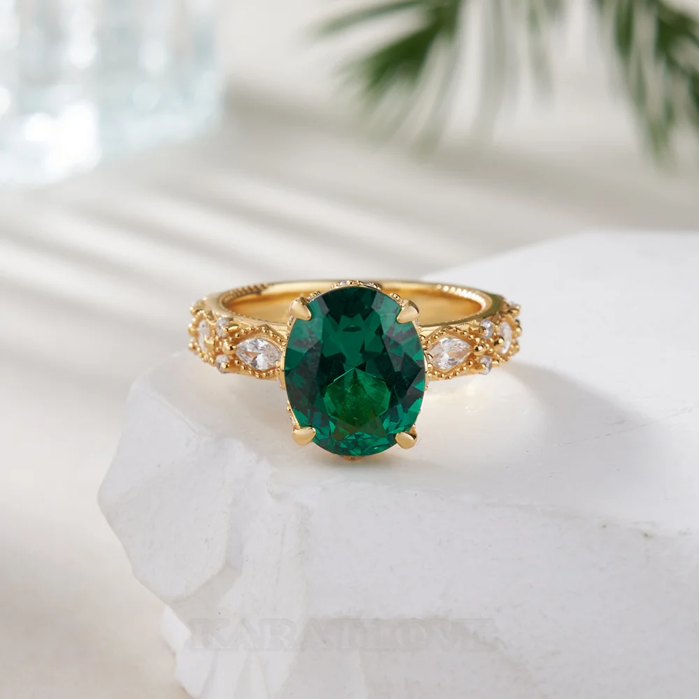 Bague de fiançailles en argent 925 et or jaune vert émeraude à taille ovale
