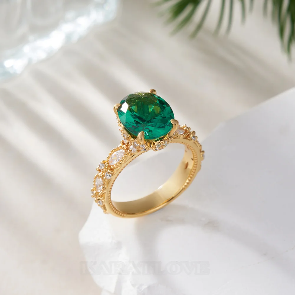 Bague de fiançailles en argent 925 et or jaune vert émeraude à taille ovale