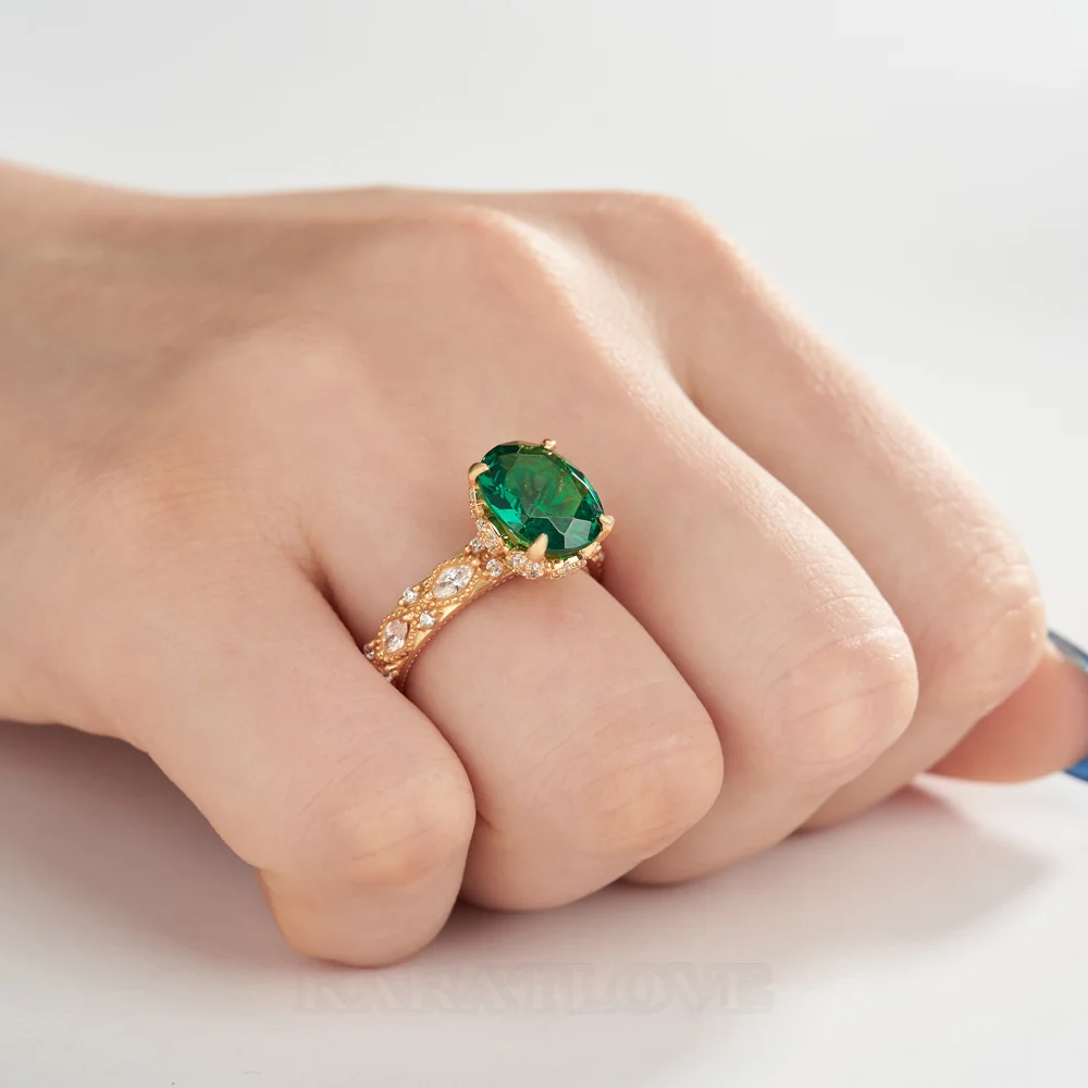 Bague de fiançailles en argent 925 et or jaune vert émeraude à taille ovale