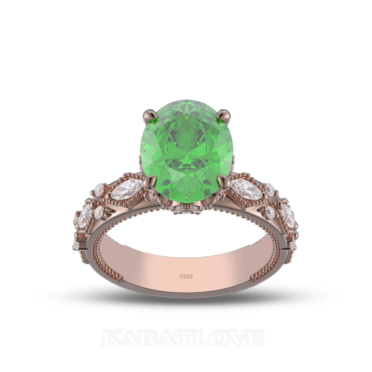 Bague de fiançailles en argent 925 en or rose vert émeraude à taille ovale