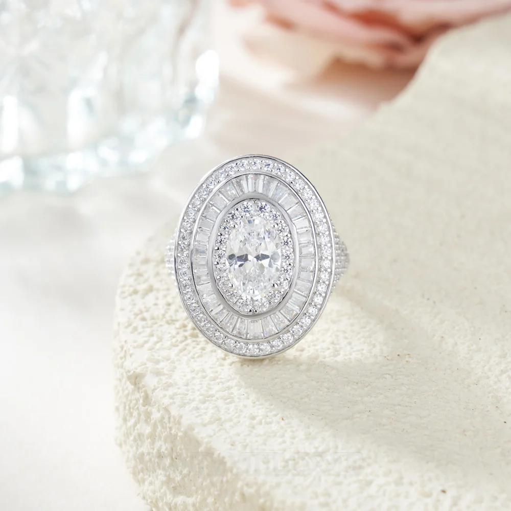 Bague de fiançailles en argent sterling avec halo en diamant blanc de taille ovale