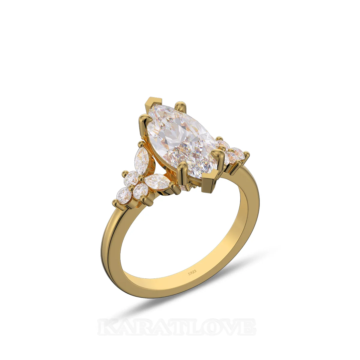 Bague de fiançailles en argent jaune et or blanc avec diamant de taille marquise