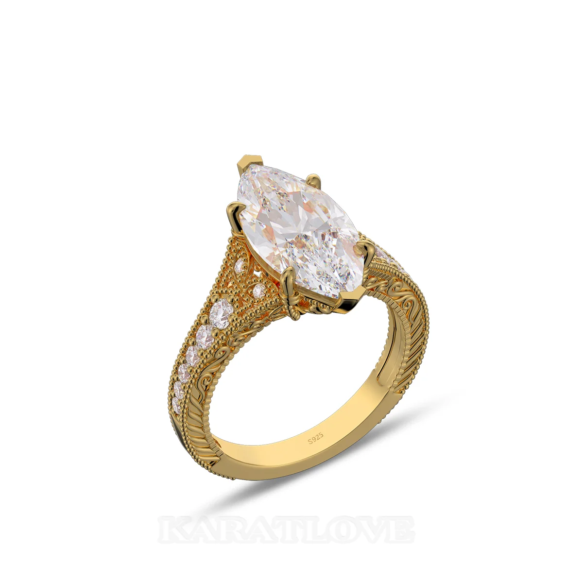 Bague de fiançailles en argent et or jaune avec diamant de taille marquise