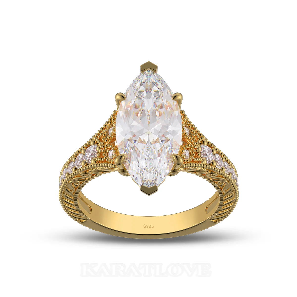 Bague de fiançailles en argent et or jaune avec diamant de taille marquise