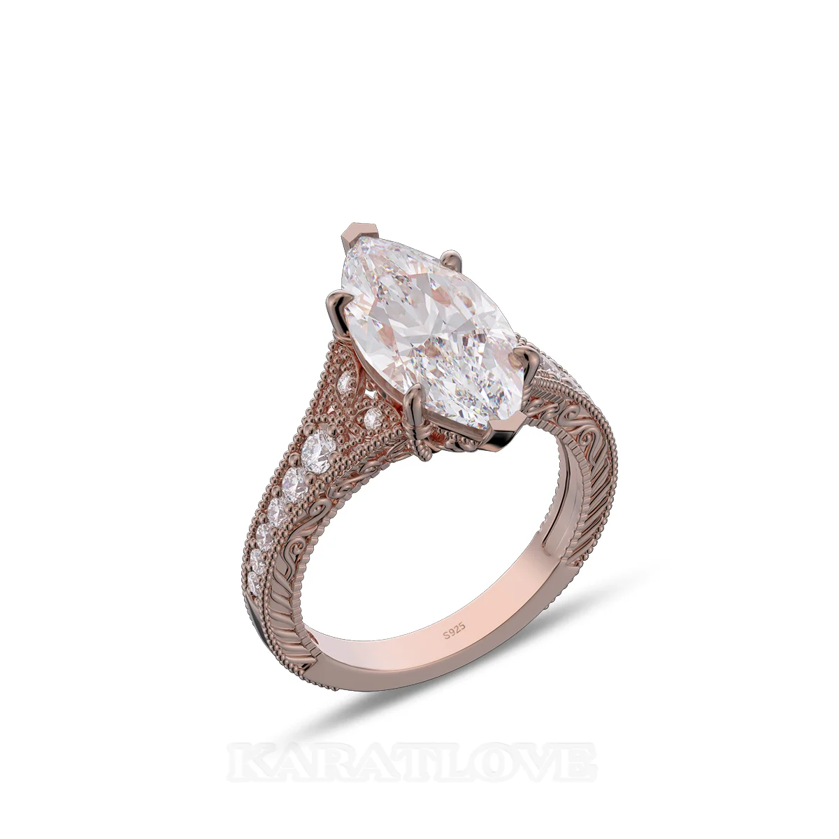 Bague de fiançailles en argent et or rose avec diamant de taille marquise