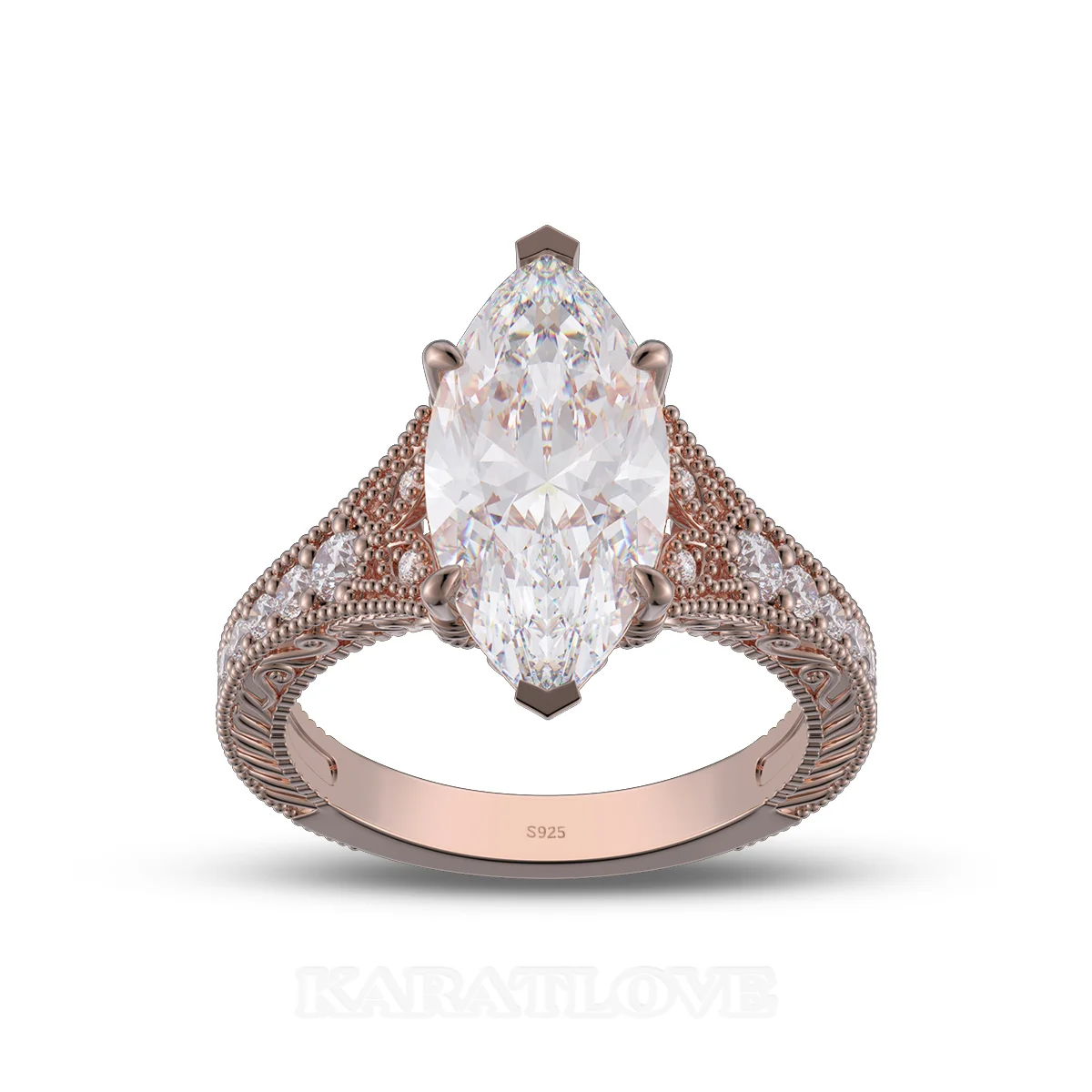 Bague de fiançailles en argent et or rose avec diamant de taille marquise