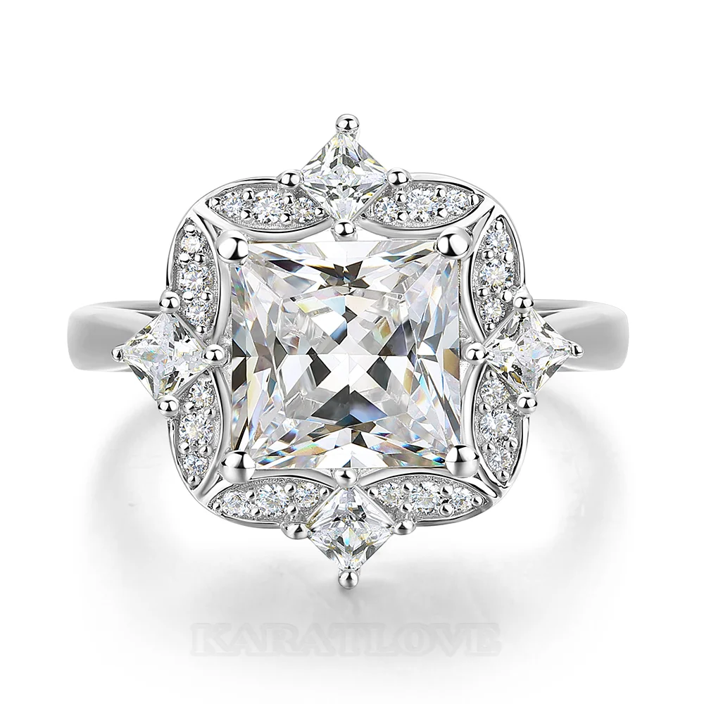 Bague de fiançailles en argent sterling avec diamant taille princesse et halo