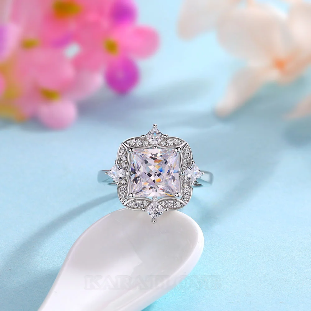 Bague de fiançailles en argent sterling avec diamant taille princesse et halo