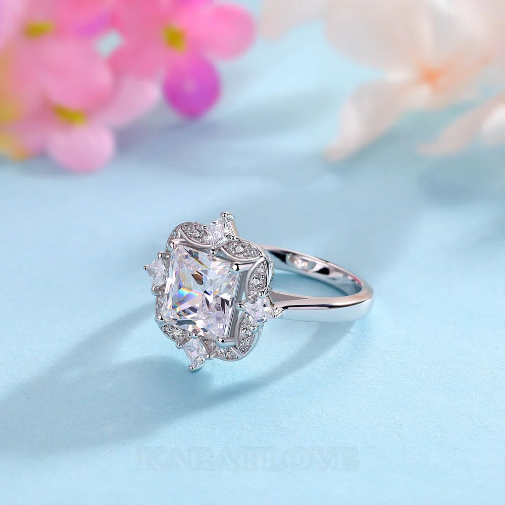 Bague de fiançailles en argent sterling avec diamant taille princesse et halo