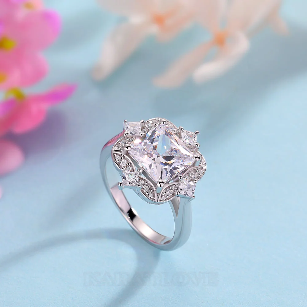 Bague de fiançailles en argent sterling avec diamant taille princesse et halo