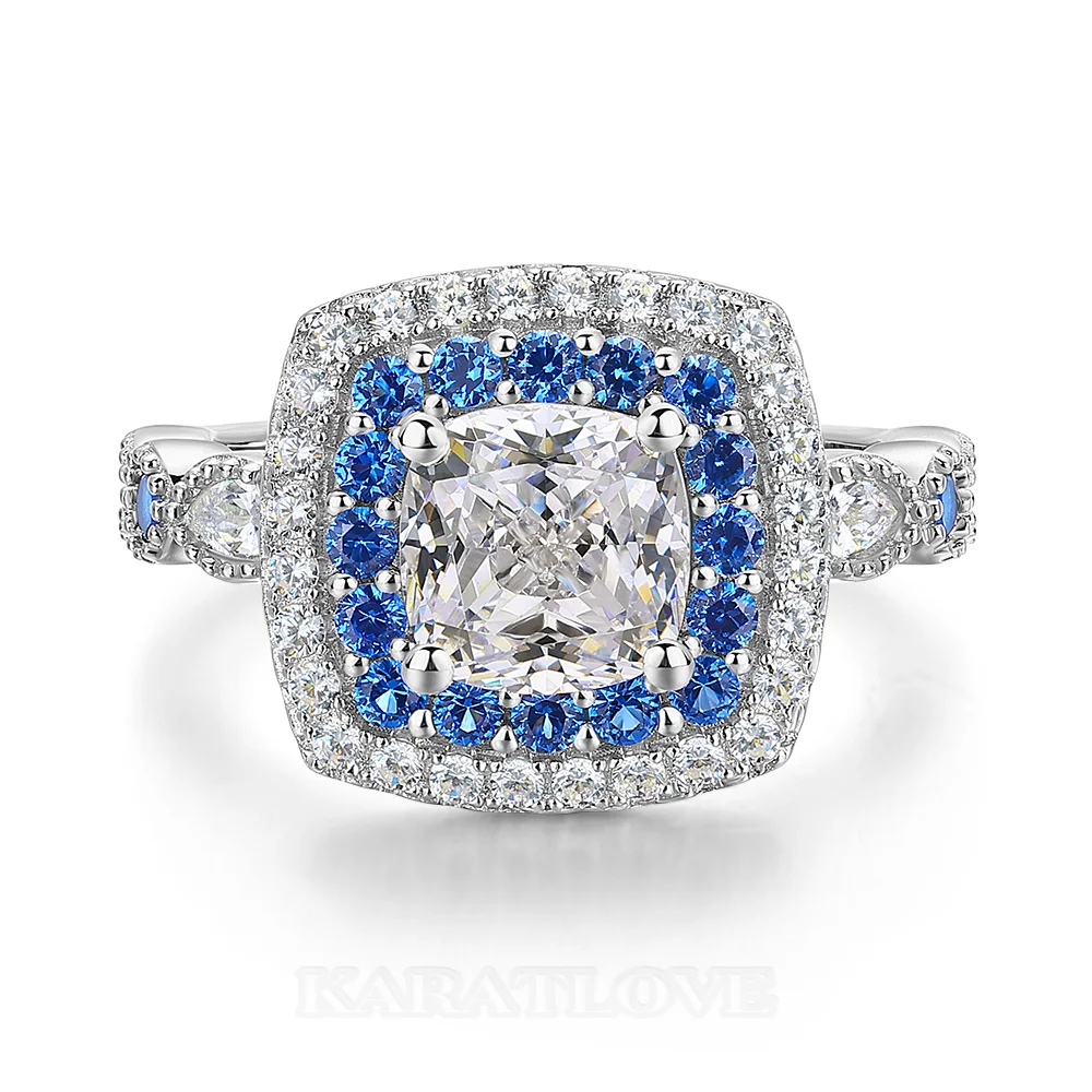 Bague de fiançailles en argent sterling blanc avec diamant taille coussin et halo