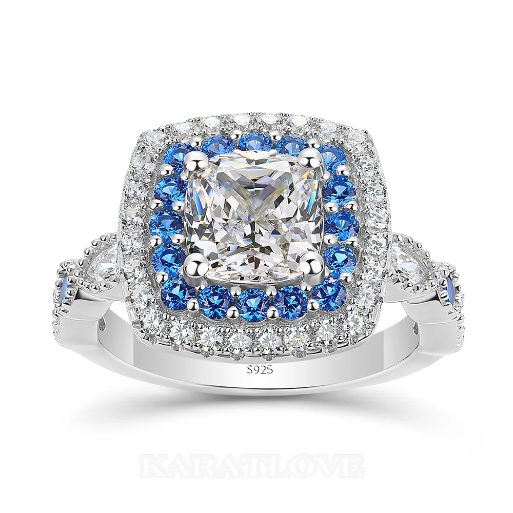 Bague de fiançailles en argent sterling blanc avec diamant taille coussin et halo
