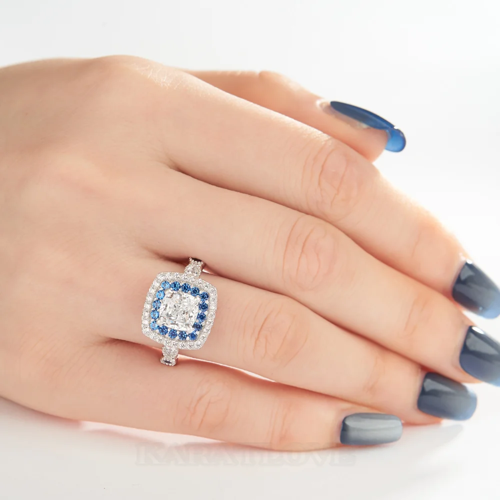 Bague de fiançailles en argent sterling blanc avec diamant taille coussin et halo