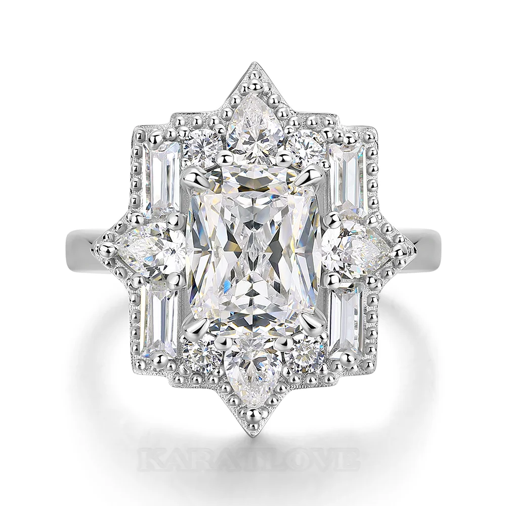 Bague de fiançailles en argent sterling blanc avec diamant taille coussin et halo