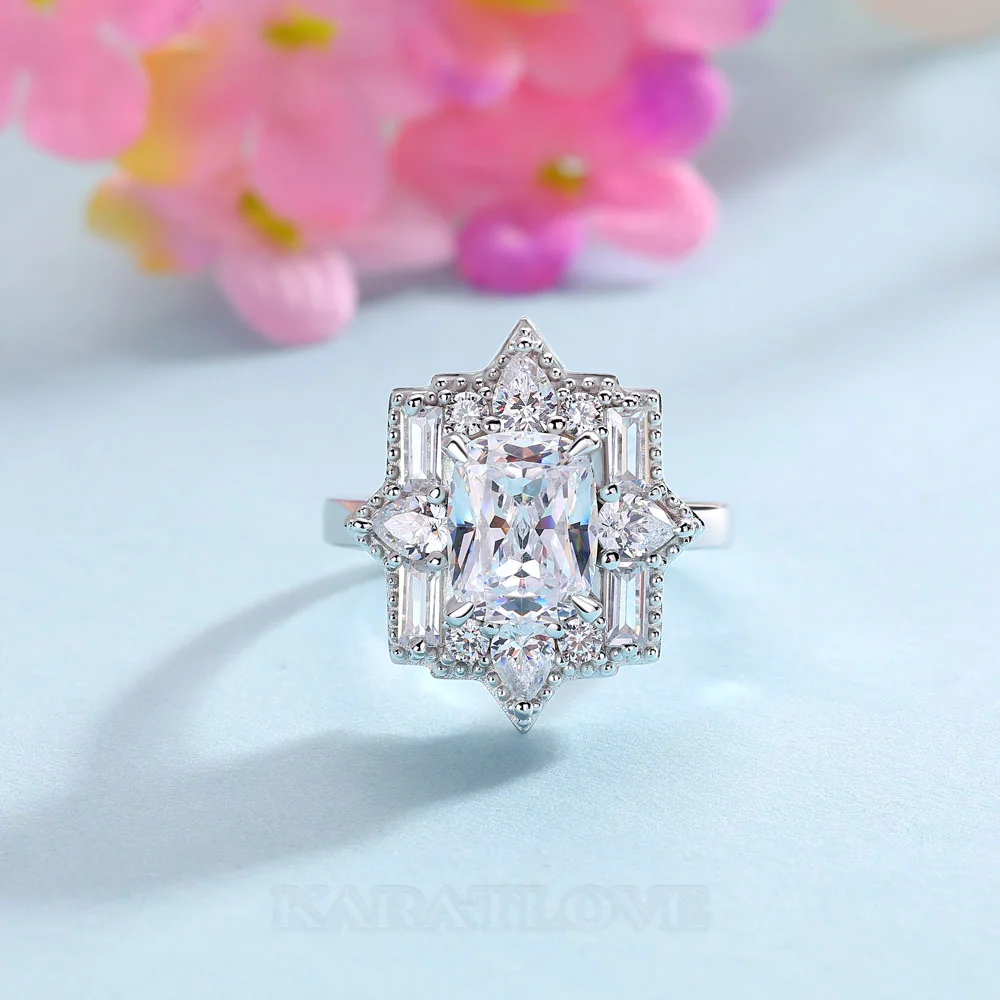 Bague de fiançailles en argent sterling blanc avec diamant taille coussin et halo