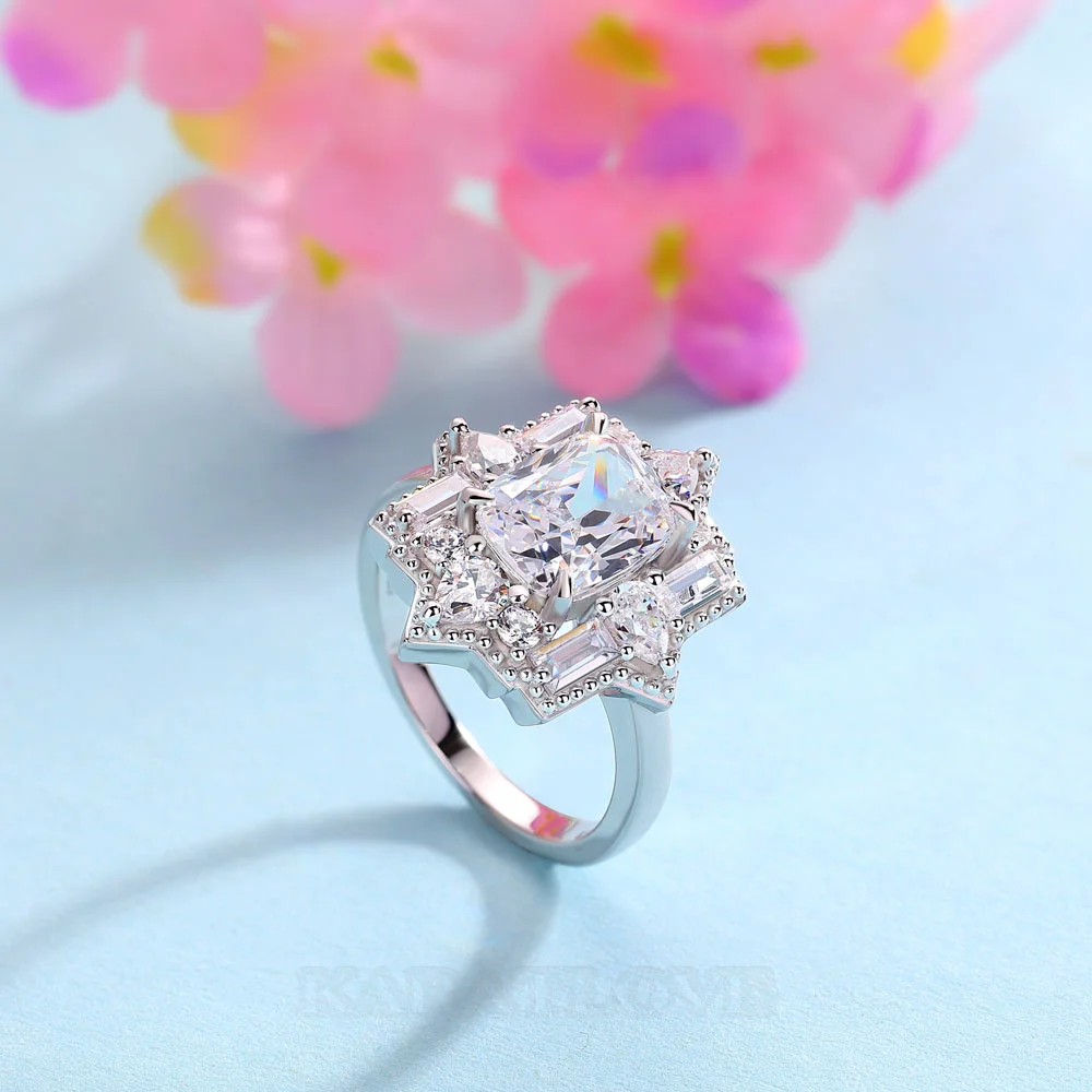Bague de fiançailles en argent sterling blanc avec diamant taille coussin et halo