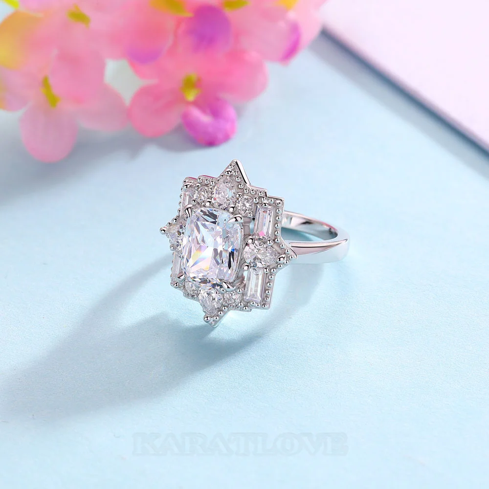 Bague de fiançailles en argent sterling blanc avec diamant taille coussin et halo