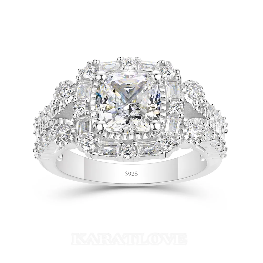 Bague de fiançailles en argent sterling blanc avec diamant taille coussin et halo