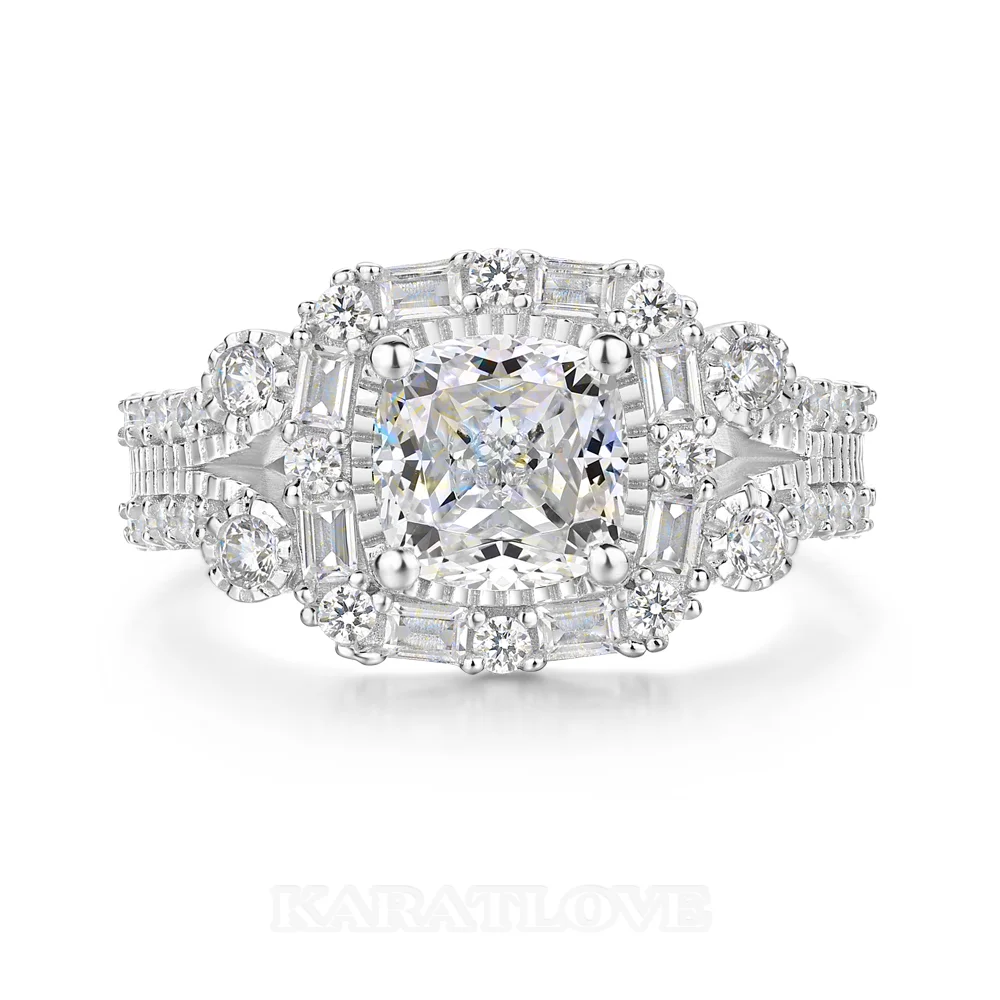 Bague de fiançailles en argent sterling blanc avec diamant taille coussin et halo