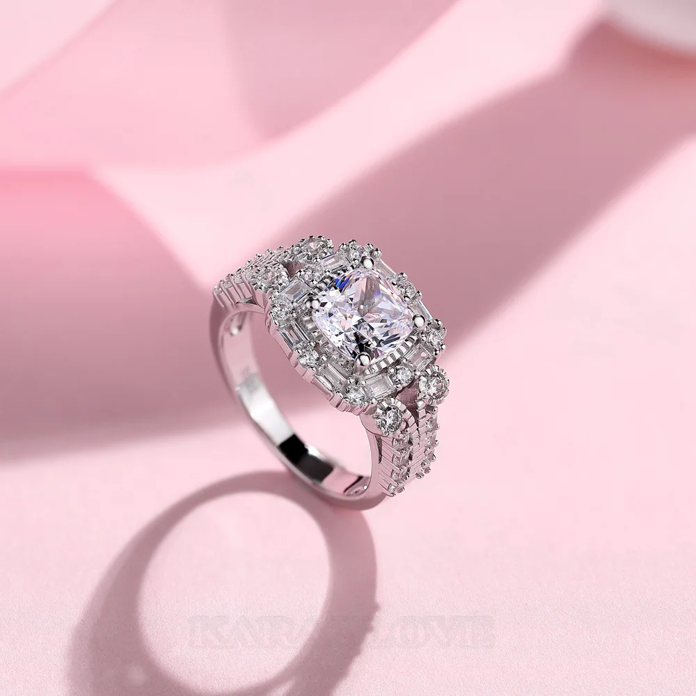 Bague de fiançailles en argent sterling blanc avec diamant taille coussin et halo