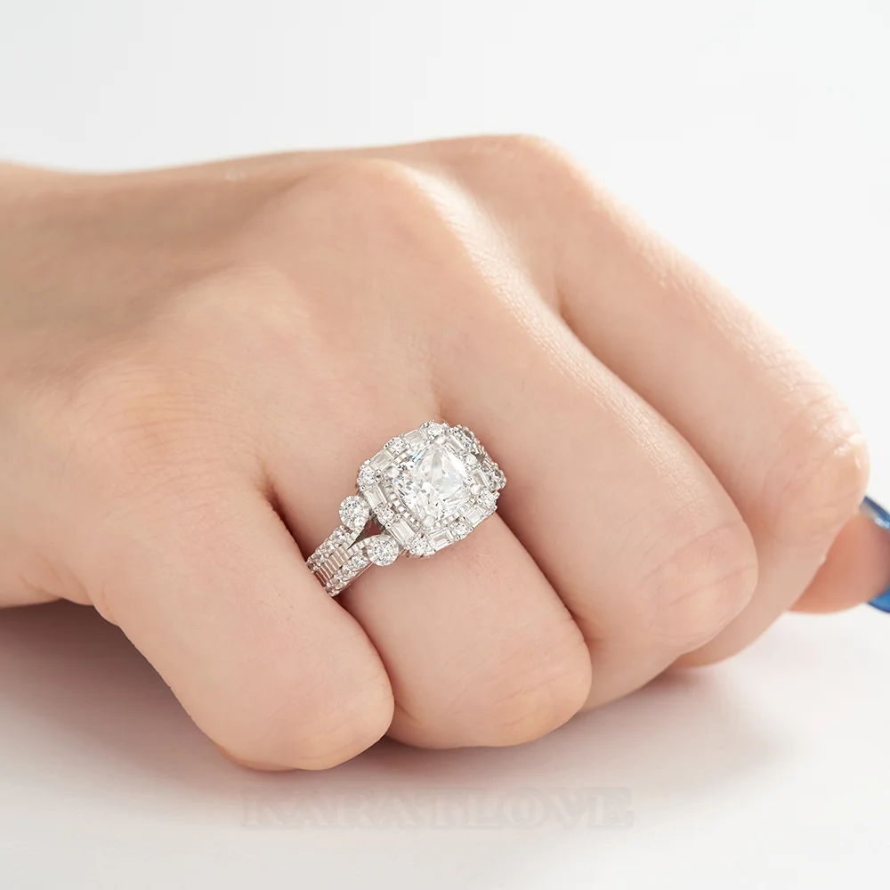 Bague de fiançailles en argent sterling blanc avec diamant taille coussin et halo