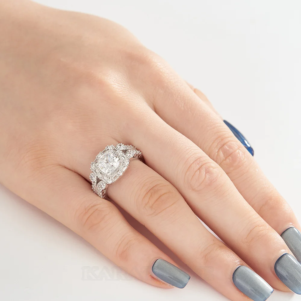 Bague de fiançailles en argent sterling blanc avec diamant taille coussin et halo