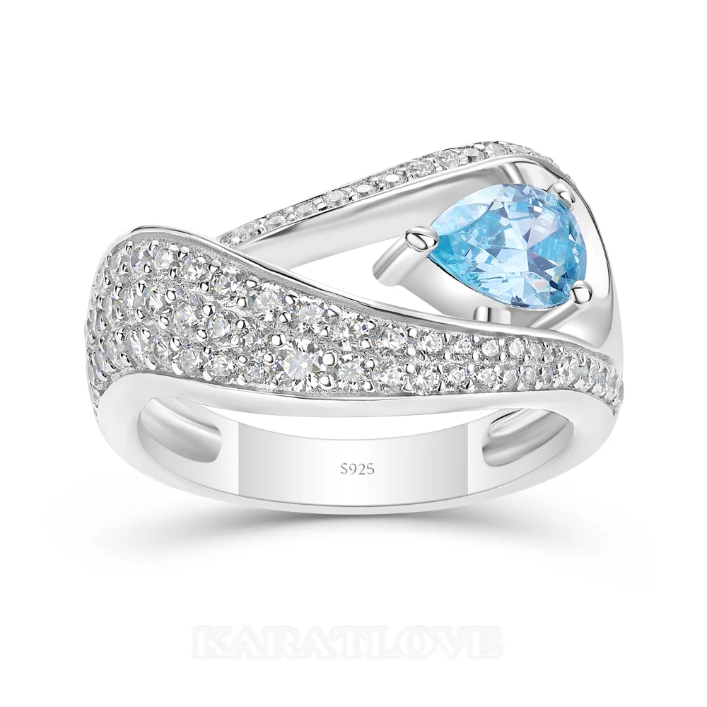 Bague de fiançailles Art Déco en argent sterling bleu aigue-marine taille poire