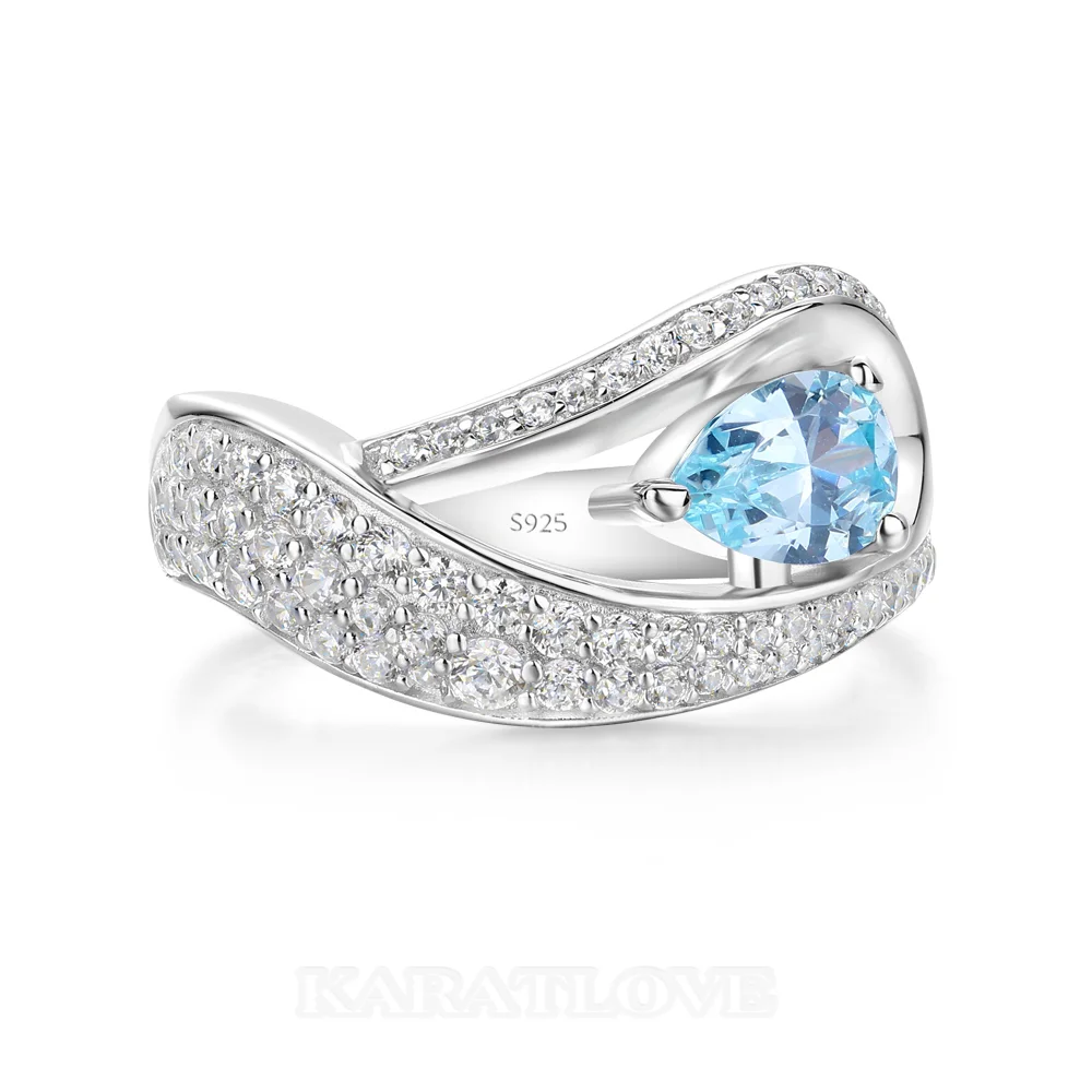 Bague de fiançailles Art Déco en argent sterling bleu aigue-marine taille poire