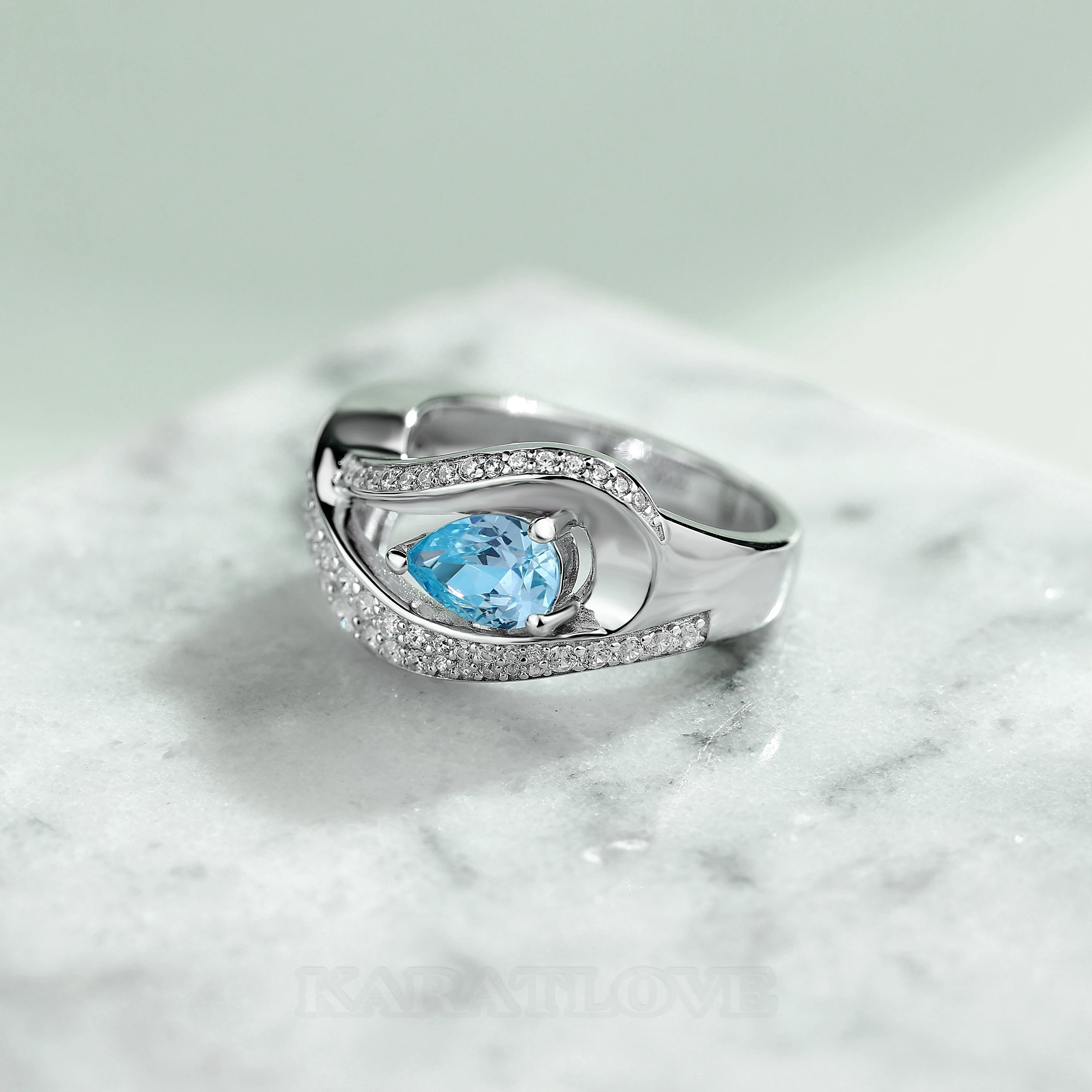 Bague de fiançailles Art Déco en argent sterling bleu aigue-marine taille poire