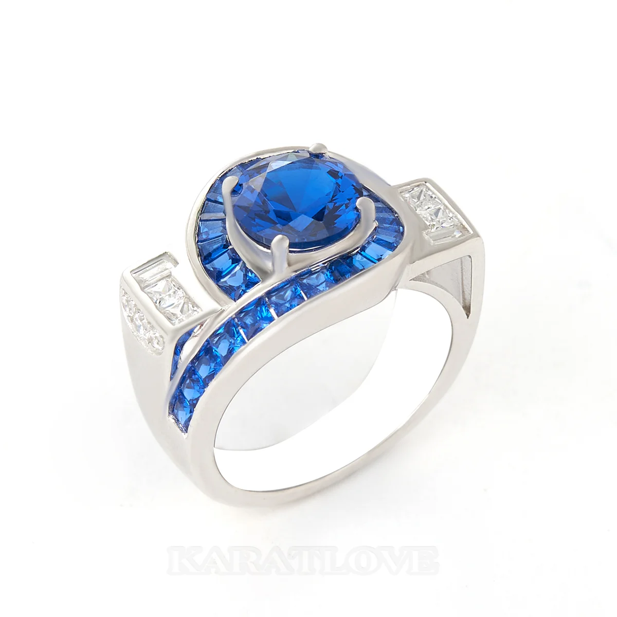 Bague de fiançailles Art Déco en argent sterling et saphir bleu taille ronde
