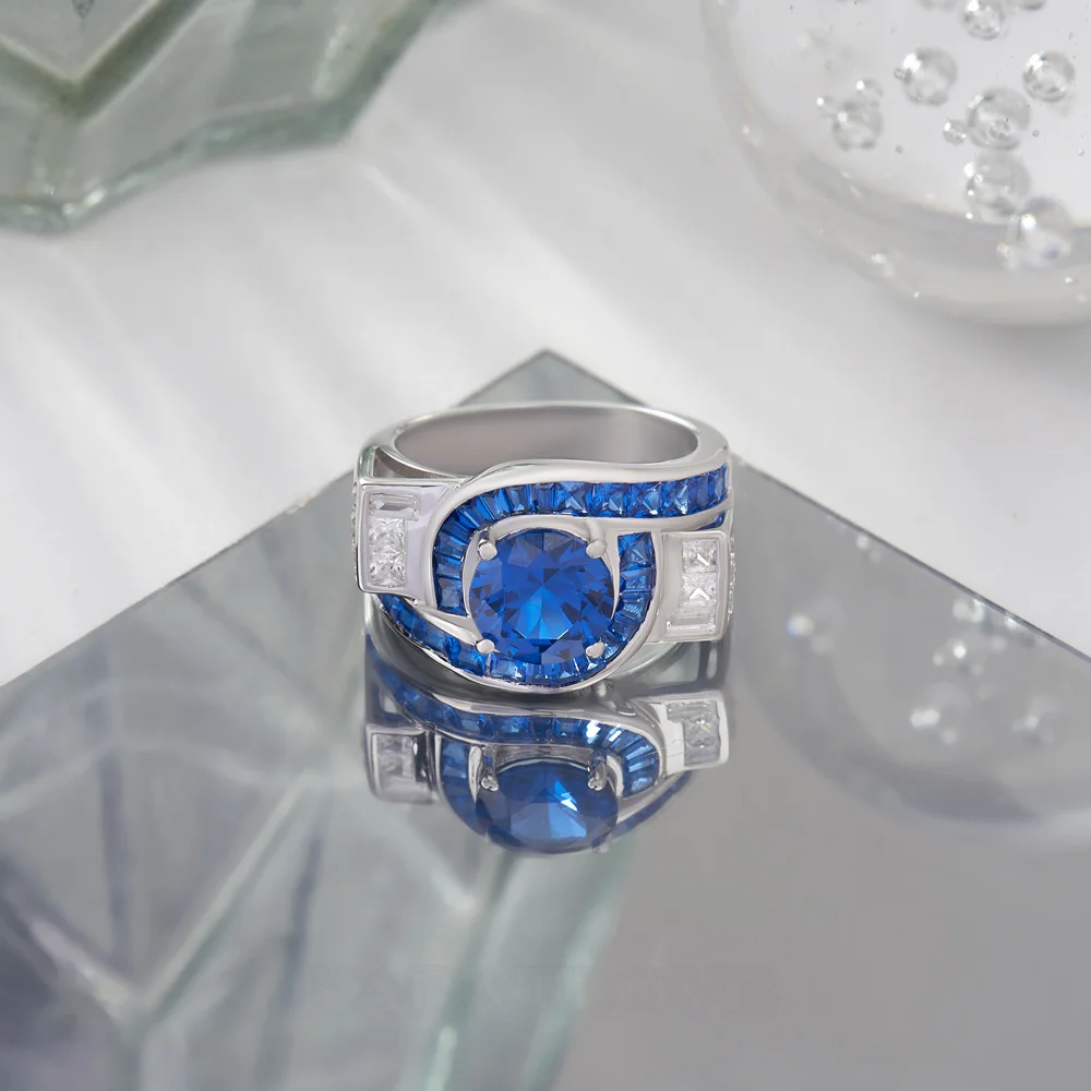 Bague de fiançailles Art Déco en argent sterling et saphir bleu taille ronde