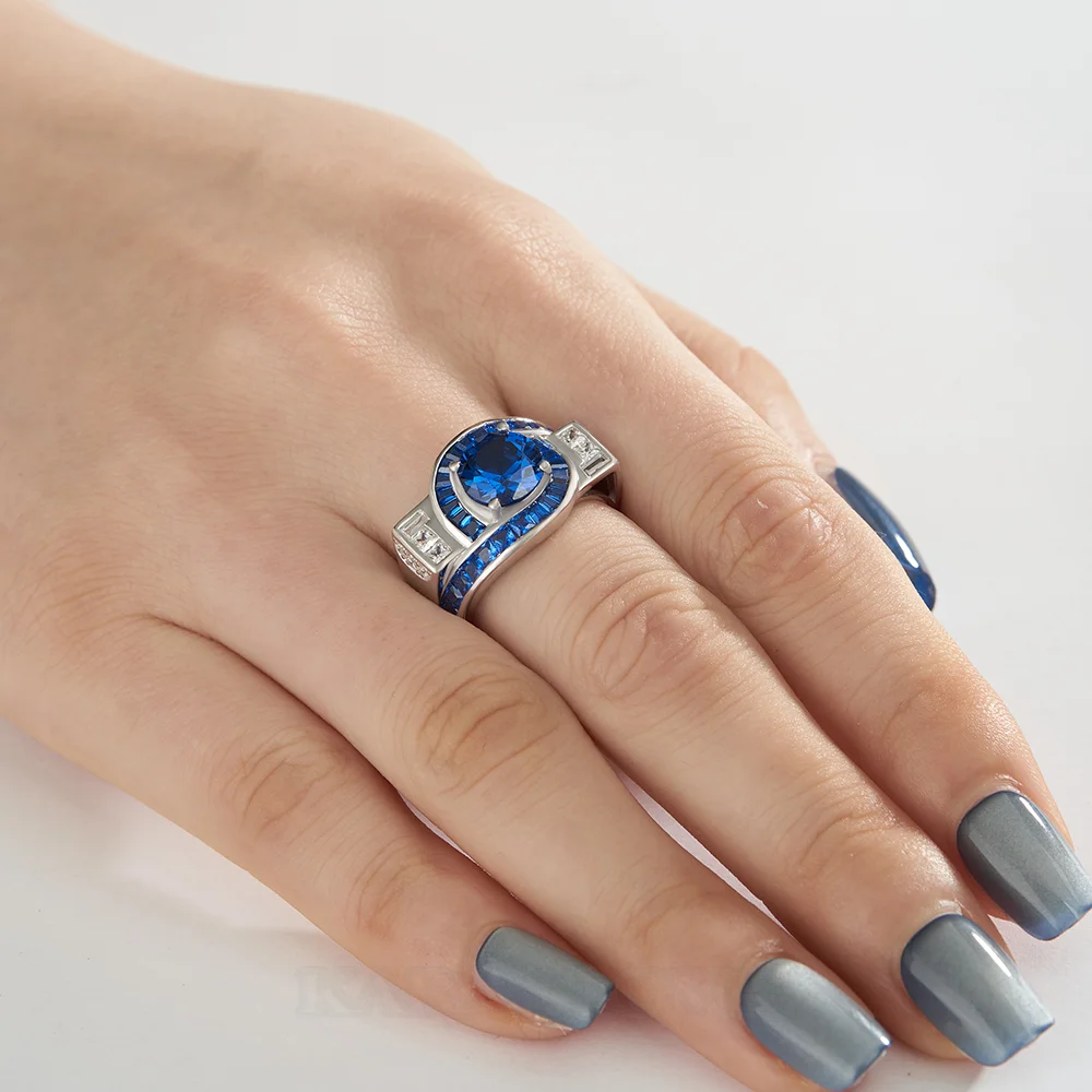 Bague de fiançailles Art Déco en argent sterling et saphir bleu taille ronde