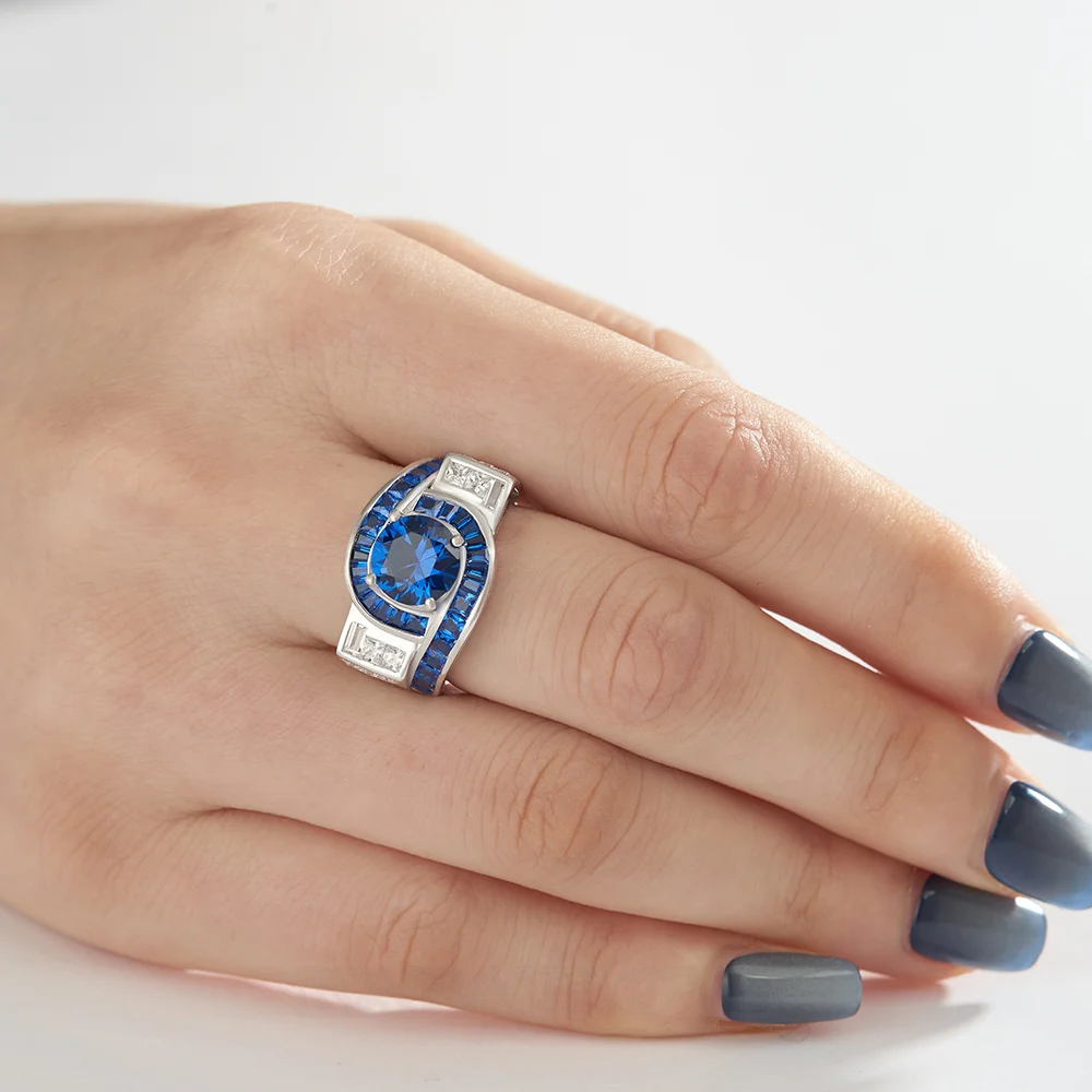 Bague de fiançailles Art Déco en argent sterling et saphir bleu taille ronde