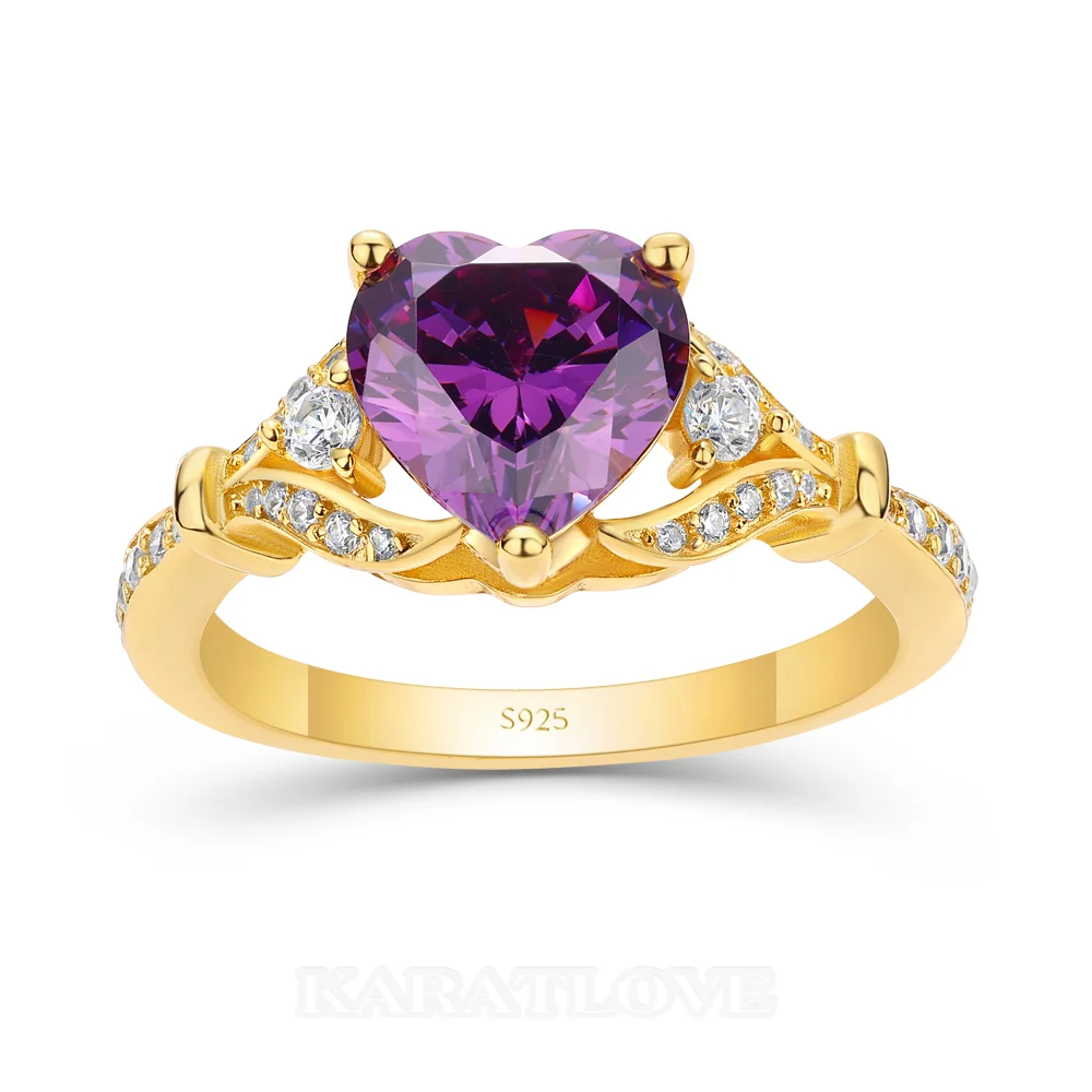 Bague de fiançailles 3 pierres en argent sterling 925 et or jaune, ornée d'une améthyste violette taille cœur