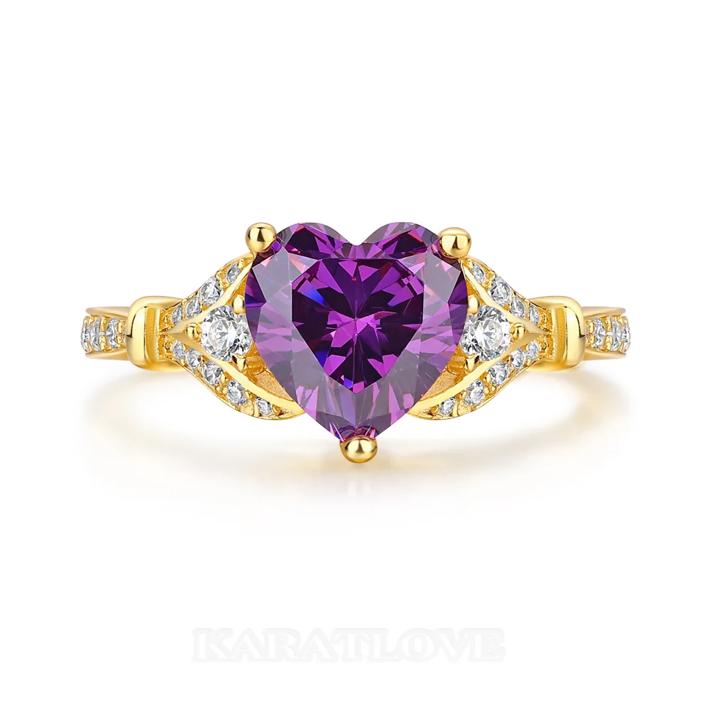 Bague de fiançailles 3 pierres en argent sterling 925 et or jaune, ornée d'une améthyste violette taille cœur