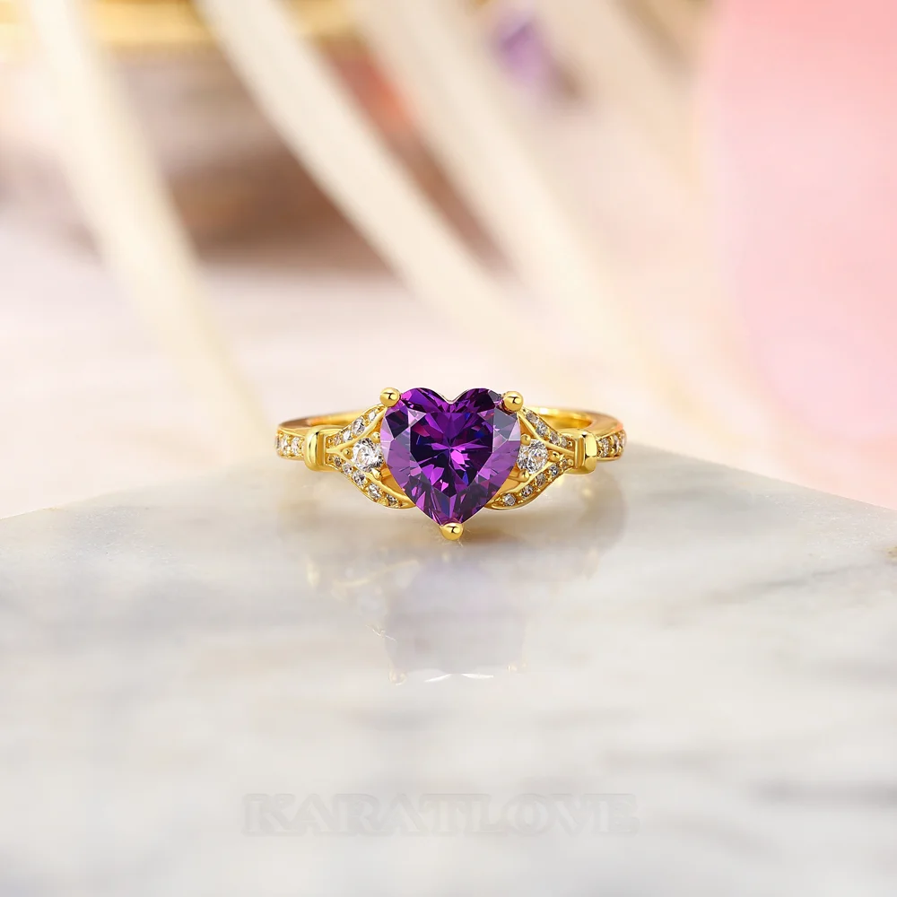 Bague de fiançailles 3 pierres en argent sterling 925 et or jaune, ornée d'une améthyste violette taille cœur