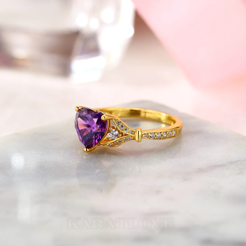 Bague de fiançailles 3 pierres en argent sterling 925 et or jaune, ornée d'une améthyste violette taille cœur