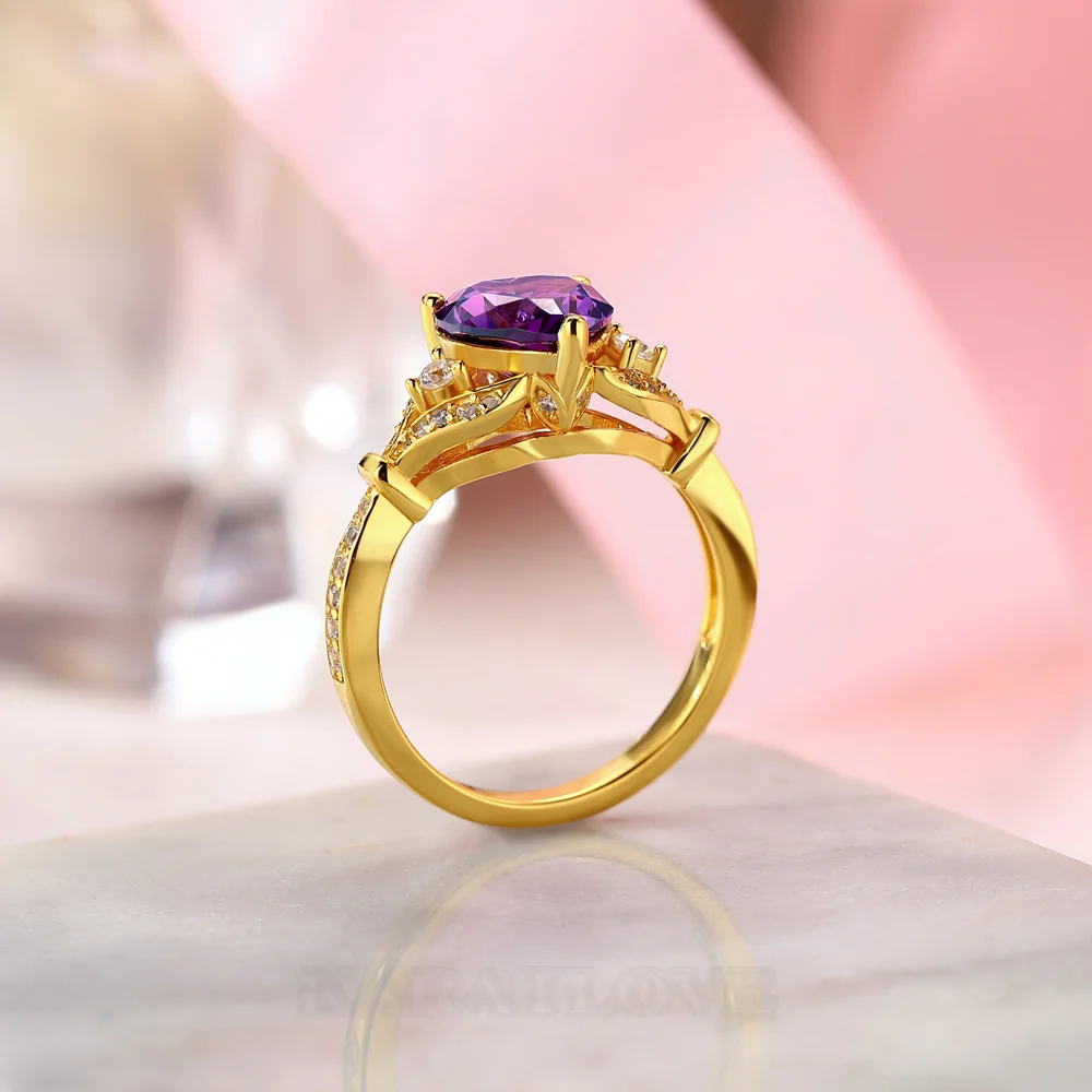 Bague de fiançailles 3 pierres en argent sterling 925 et or jaune, ornée d'une améthyste violette taille cœur