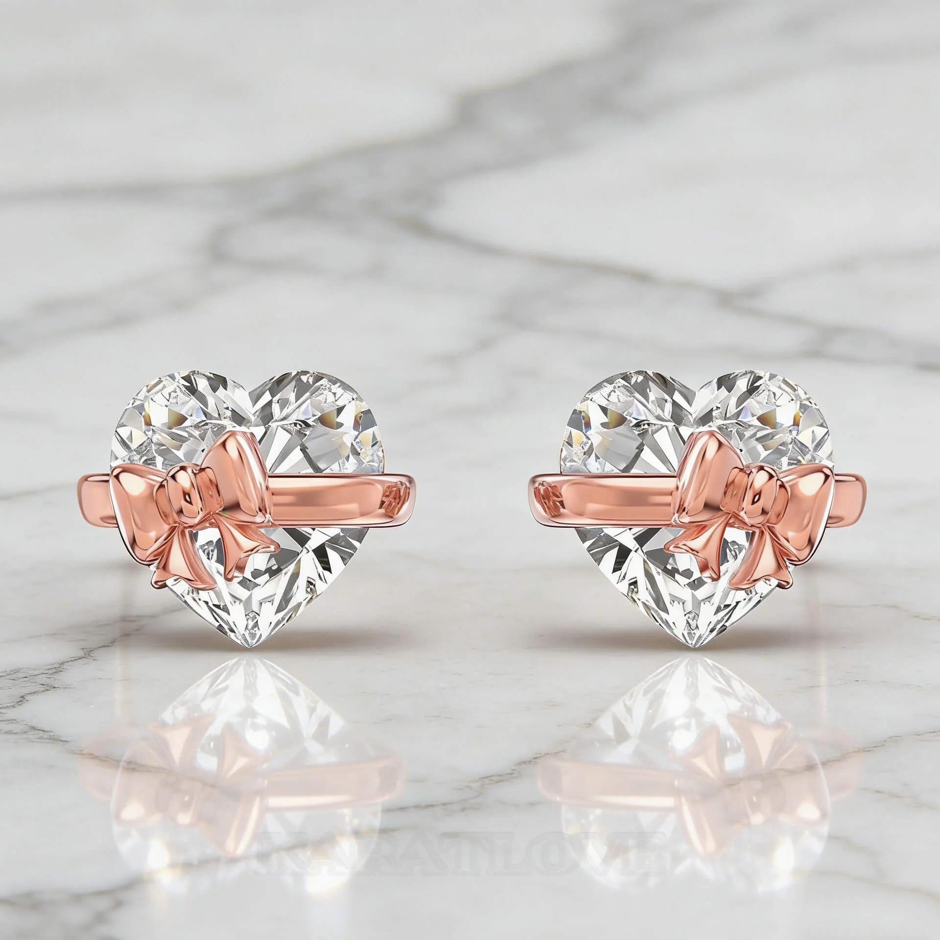 Boucles d'oreilles en or blanc et or rose et argent sterling Arc en forme de cœur avec diamant taille cœur