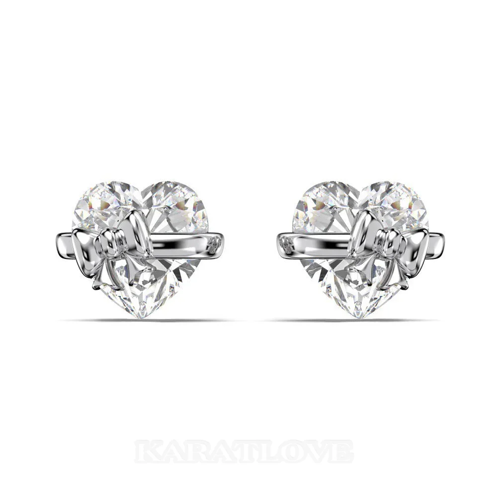 Boucles d'oreilles en or blanc et argent sterling Arc en forme de cœur avec diamant taille cœur