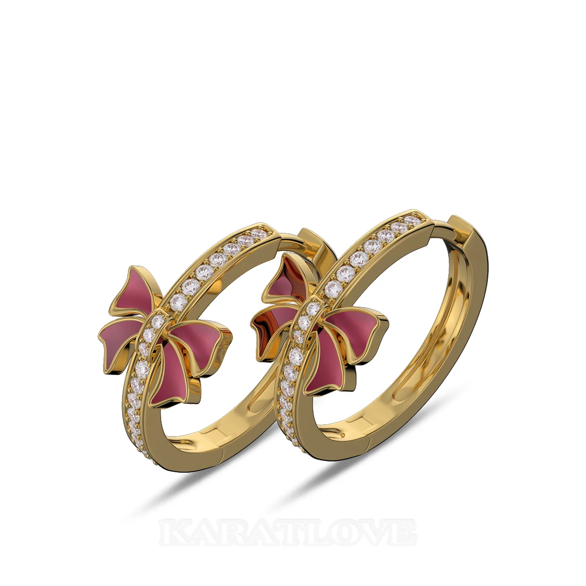 Boucles d'oreilles créoles en argent sterling blanc et or jaune avec diamants taille ronde et nœud rouge - Idée cadeau pour Noël