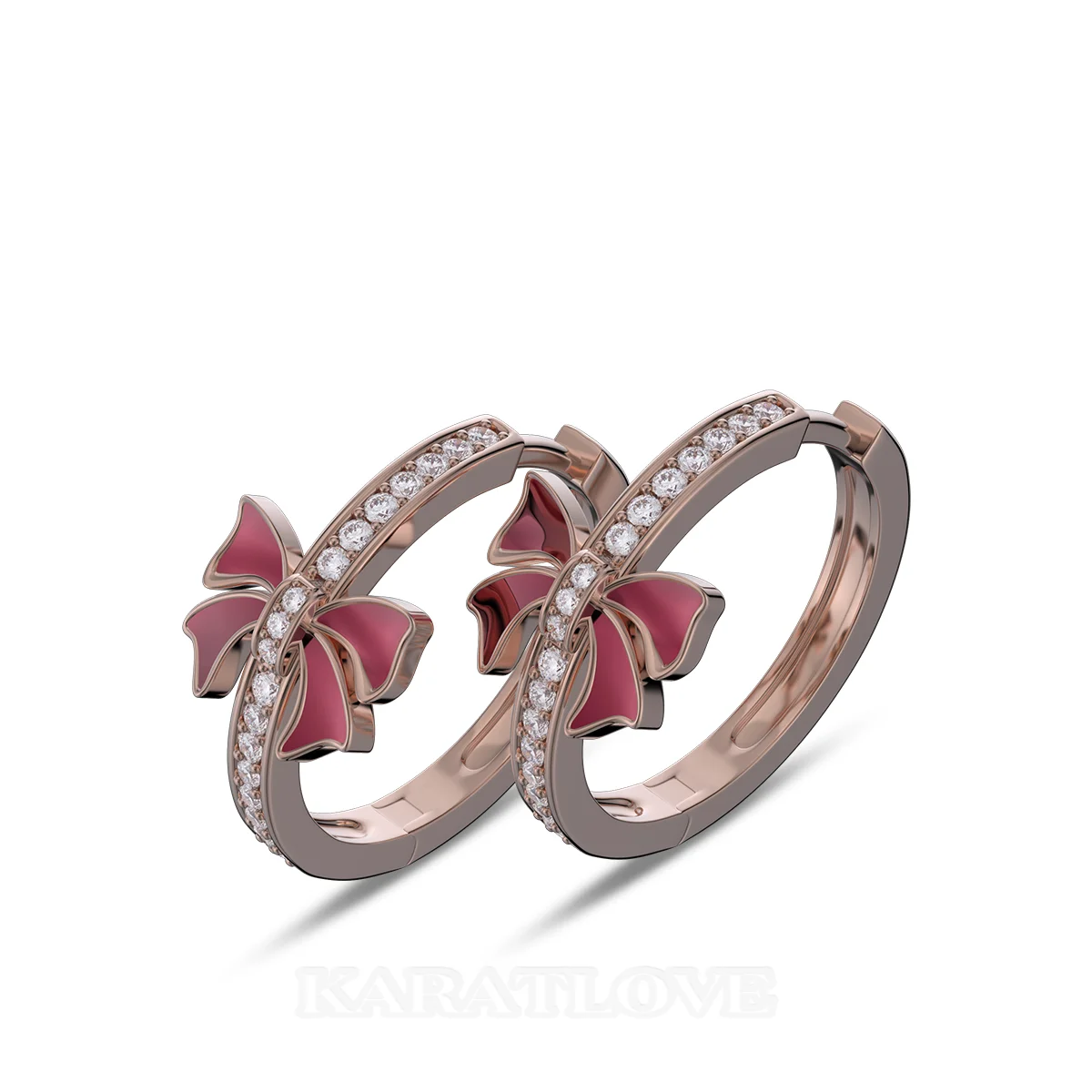 Boucles d'oreilles créoles en argent sterling blanc et or rose avec diamants taille ronde et nœud rouge - Idée cadeau pour Noël