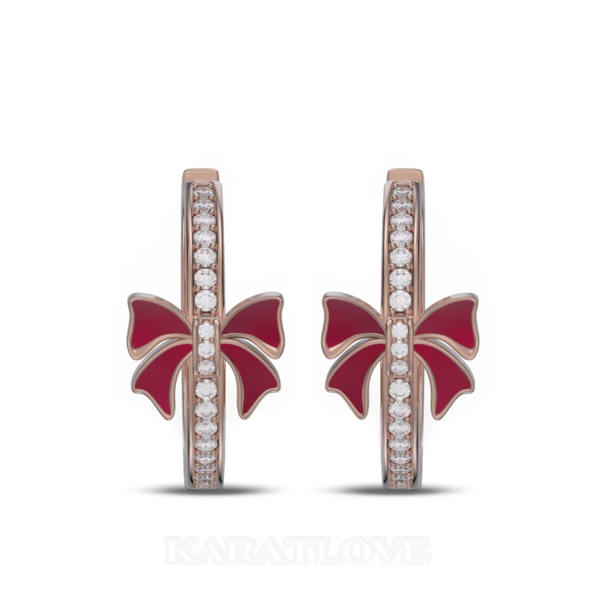 Boucles d'oreilles créoles en argent sterling blanc et or rose avec diamants taille ronde et nœud rouge - Idée cadeau pour Noël