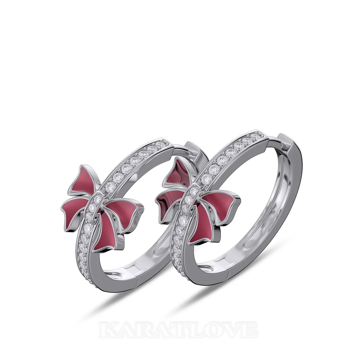 Boucles d'oreilles créoles en argent sterling blanc avec diamants taille ronde et nœud rouge - Idée cadeau Noël